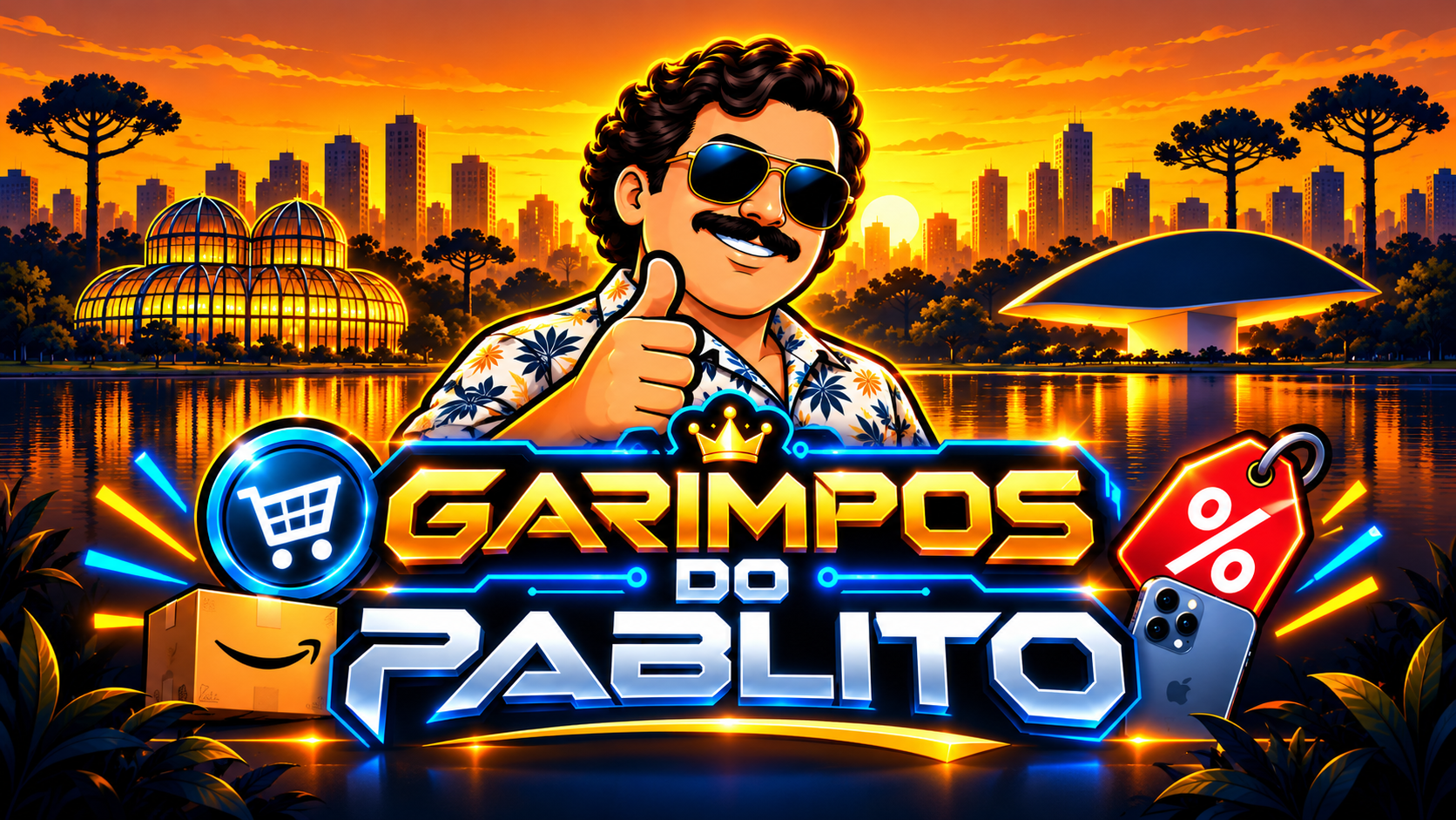 Garimpos do Pablito: personagem de óculos escuros e bigode, com a cidade ao fundo e a marca em destaque.